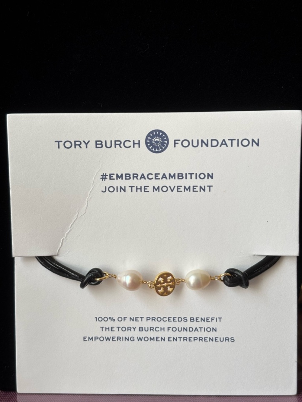Tory Burch Gold bracelet , pearl & black leather